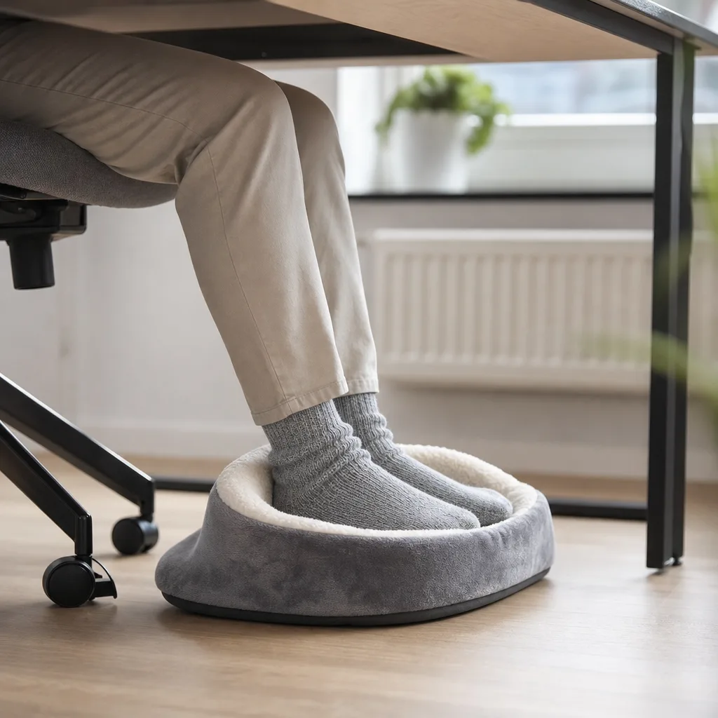 En tyst värmare under skrivbordet håller fötterna varma på jobbet.